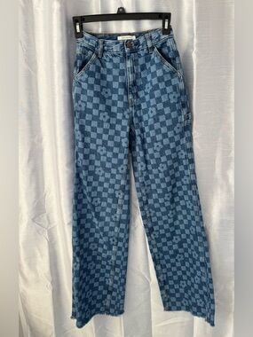 PacSun High-Rise Wide-Leg Carpenter Blue Checkered Floral Denim Jeans